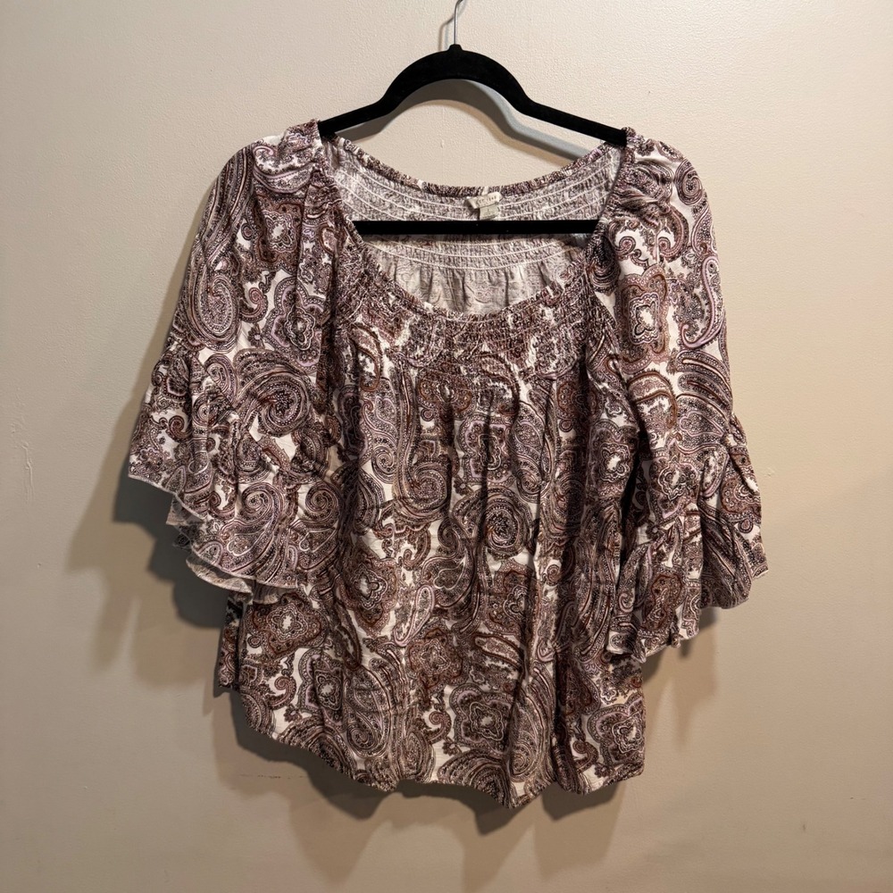 Cato Womens Large Paisley Smocked Square Neck Ruffle Bell Sleeve‎ Rayon Blouse